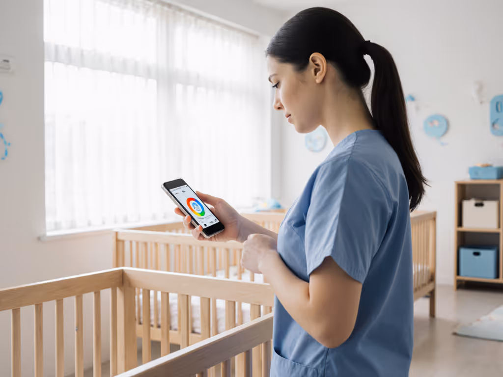 daycare_staff_using_sound_meter_app_beside_crib